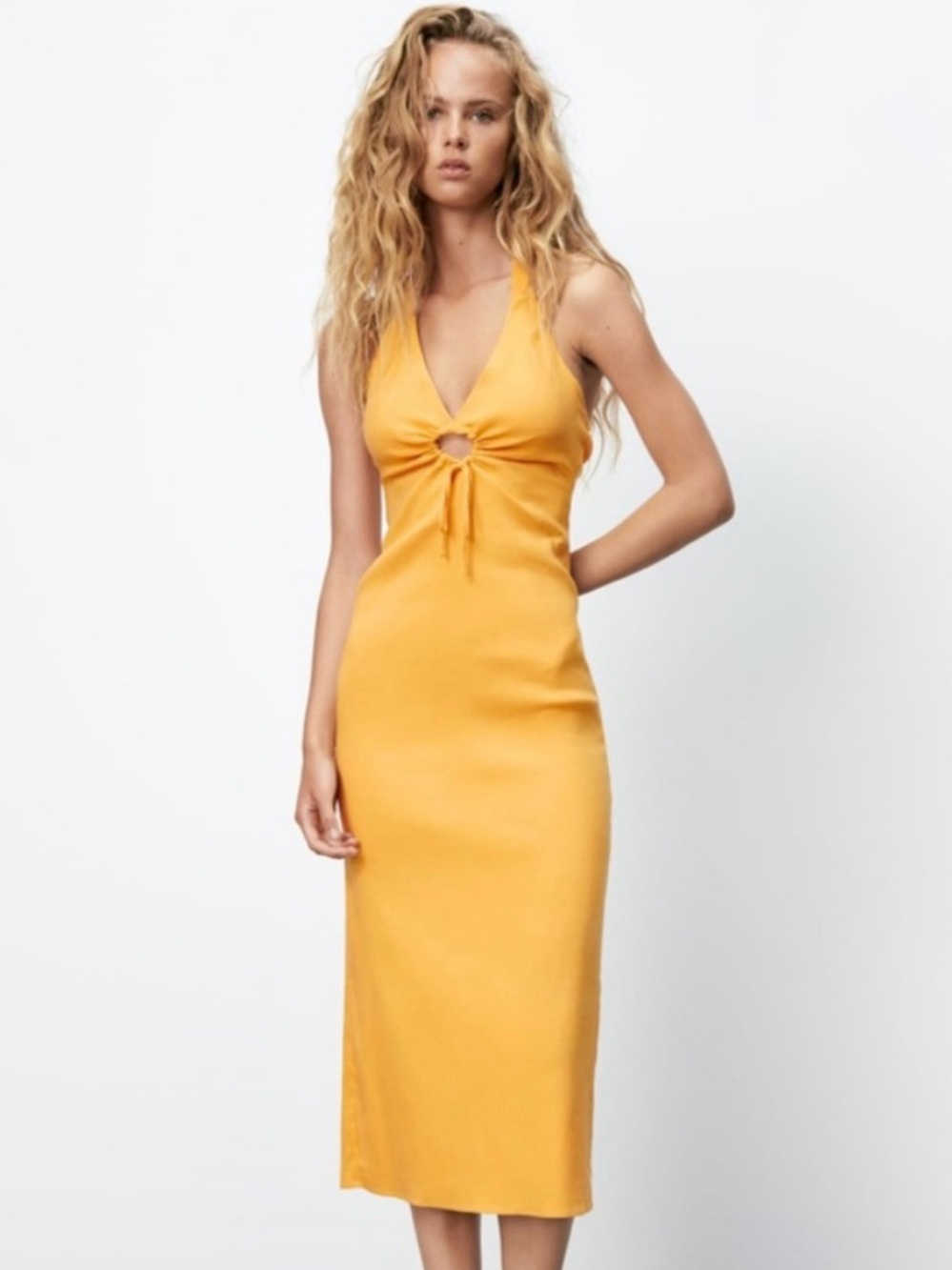 Zara Tangerine Orange Linen Blend Halter Cut-Out Midi Dress M
